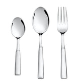 Fork, tablespoon, and teaspoon with sleek, minimalistic design standing upright against a white background.